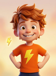 Leo Sparks: 9-year-old boy with copper-red hair, orange lightning-bolt t-shirt, and a huge gap-toothed grin